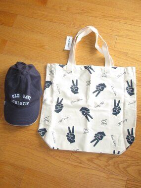 NWT Small Old Navy Cotton Blend Peace Sign Tote Bag 15 cm x 16 cm & Cap
